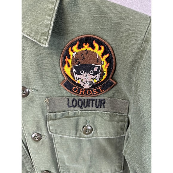 Res Ipsa Patches Military Shirt Olive Green Button Up Long Sl Men Size M Stained - Picture 6 of 15